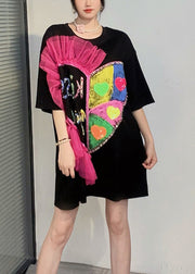 Chic Black O Neck Ruffled Cotton T Shirt Dresses Summer