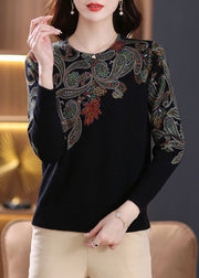 Chic Black O Neck Zircon Patchwork Wool Sweaters Long Sleeve