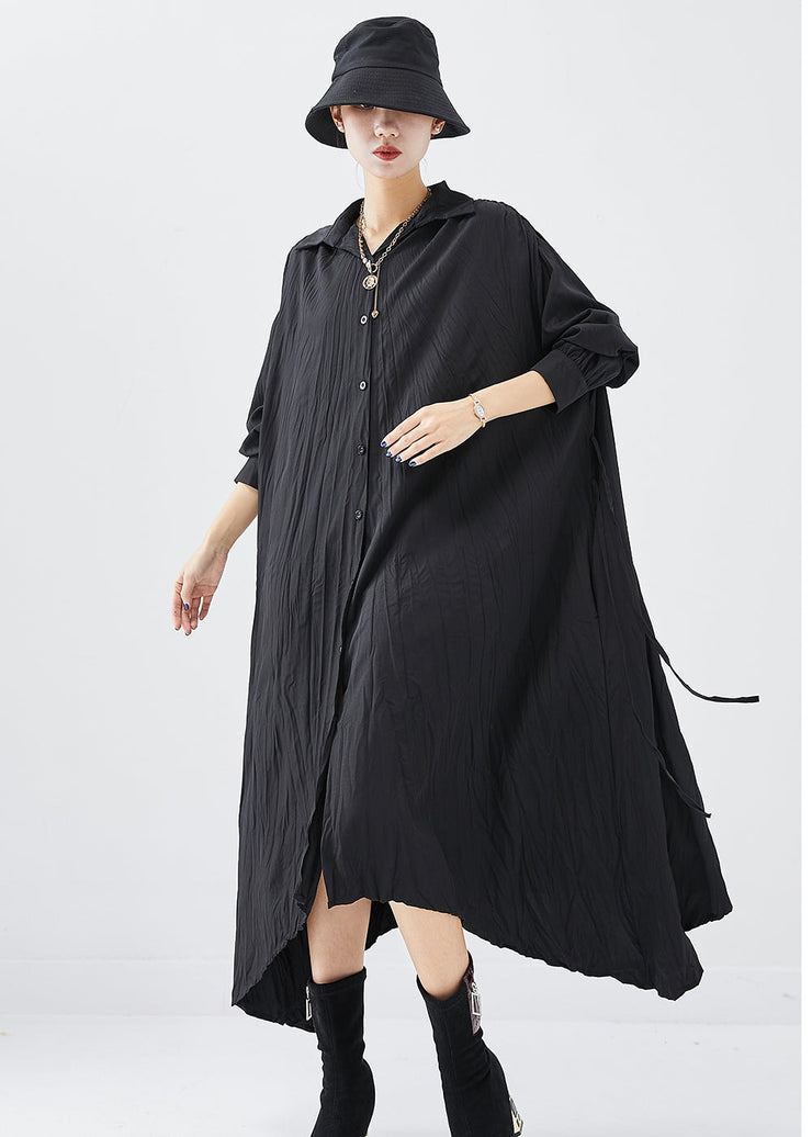 Chic Black Oversized Asymmetrical Design Cotton Shirt Dress Fall