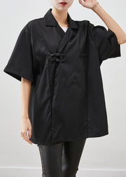 Chic Black Oversized Chinese Button Cotton Shirt Short Sleeve