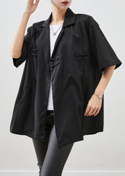 Chic Black Oversized Chinese Button Cotton Shirt Short Sleeve