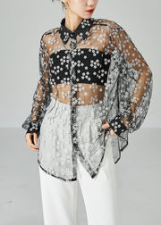 Chic Black Oversized Daisy Tulle Shirts Summer