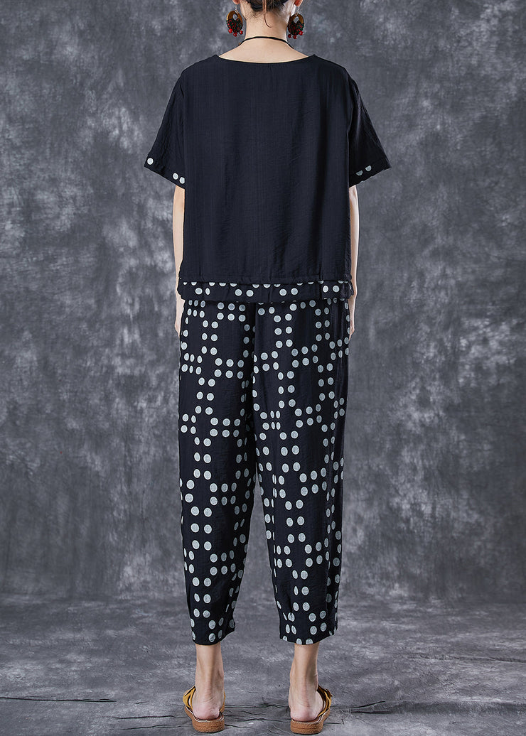 Chic Black Oversized Patchwork Dot Cotton Two-Piece Set Summer