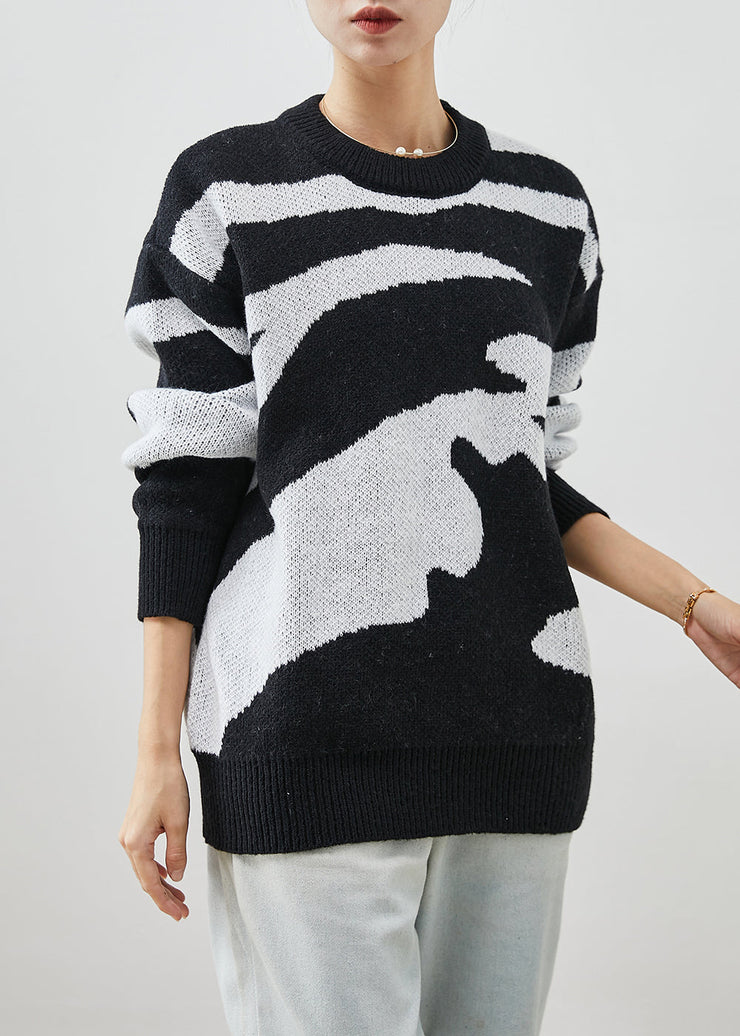 Chic Black Oversized Print Thick Knitted Tops Winter