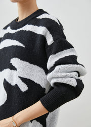 Chic Black Oversized Print Thick Knitted Tops Winter