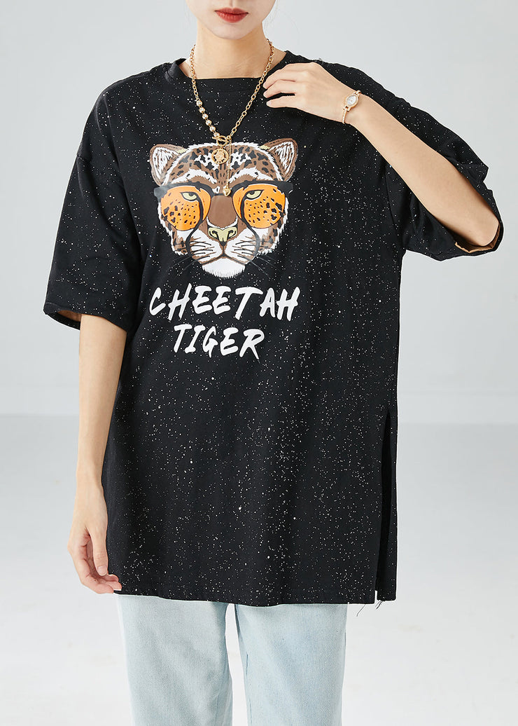 Chic Black Oversized Tiger Print Side Open Cotton Tank Tops Summer