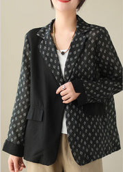 Chic Black Patchwork Button Ramie Coat Spring