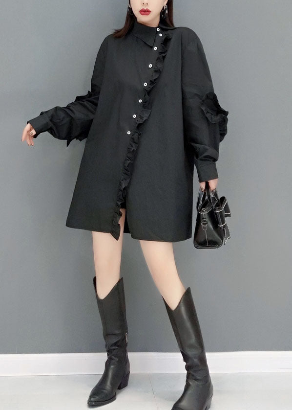 Chic Black Peter Pan Collar Asymmetrical Ruffled Cotton Shirt Tops Spring