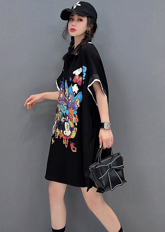 Chic Black Peter Pan Collar Print Mid Dresses Short Sleeve