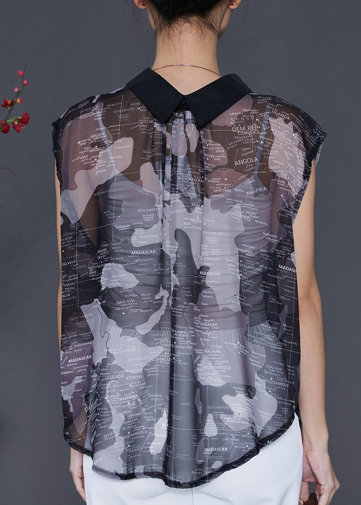 Chic Black Peter Pan Collar Print Tulle Shirts Sleeveless