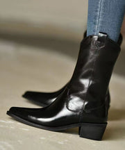 Chic Black Pointed Toe Boots Chunky Cowhide Leather