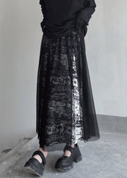 Chic Black Print Elastic Waist Patchwork Tulle Skirt Summer