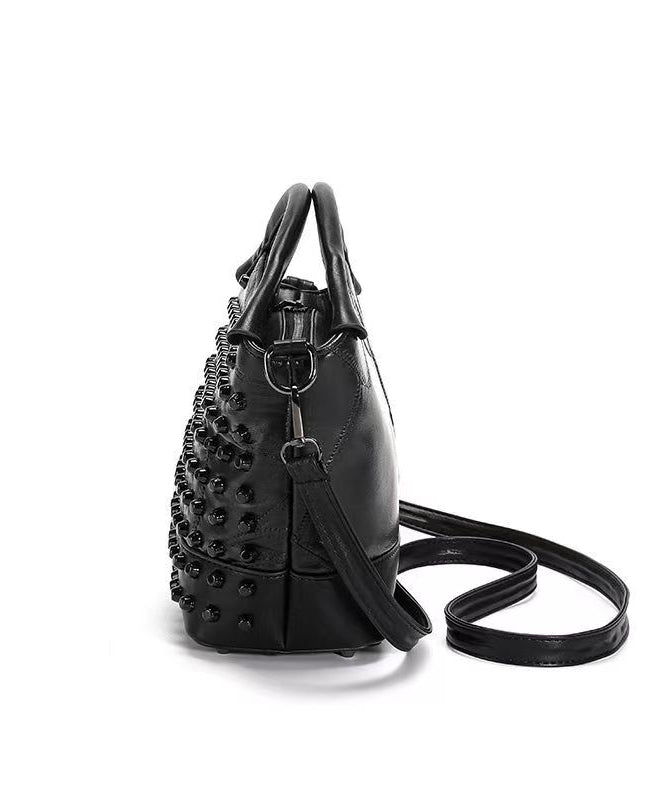 Chic Black Rivet Sheepskin Satchel Handbag