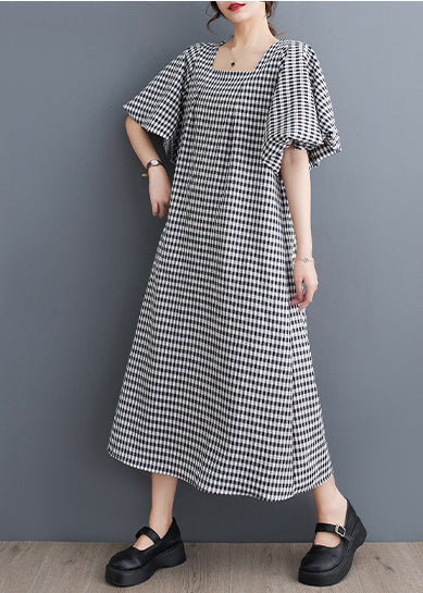 Chic Black Square Collar Plaid Linen A Line Dress Puff Sleeve