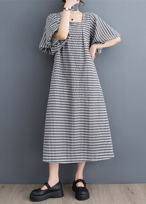 Chic Black Square Collar Plaid Linen A Line Dress Puff Sleeve