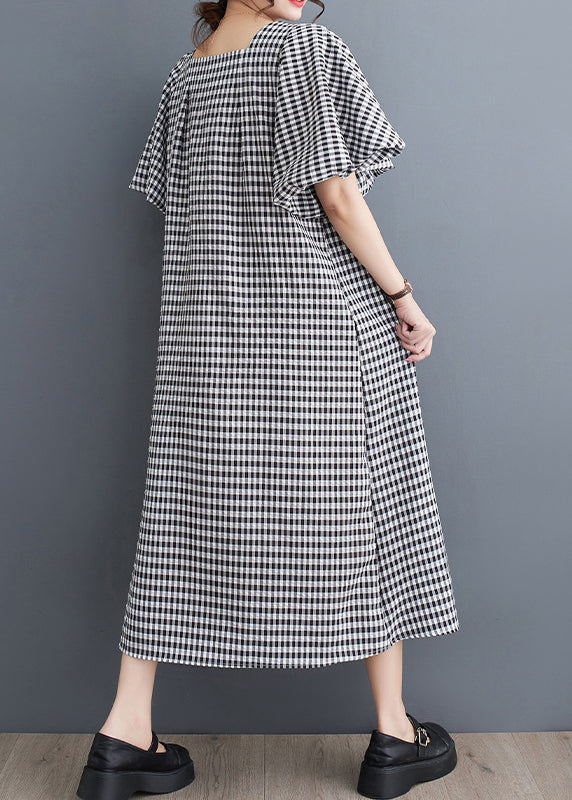 Chic Black Square Collar Plaid Linen A Line Dress Puff Sleeve