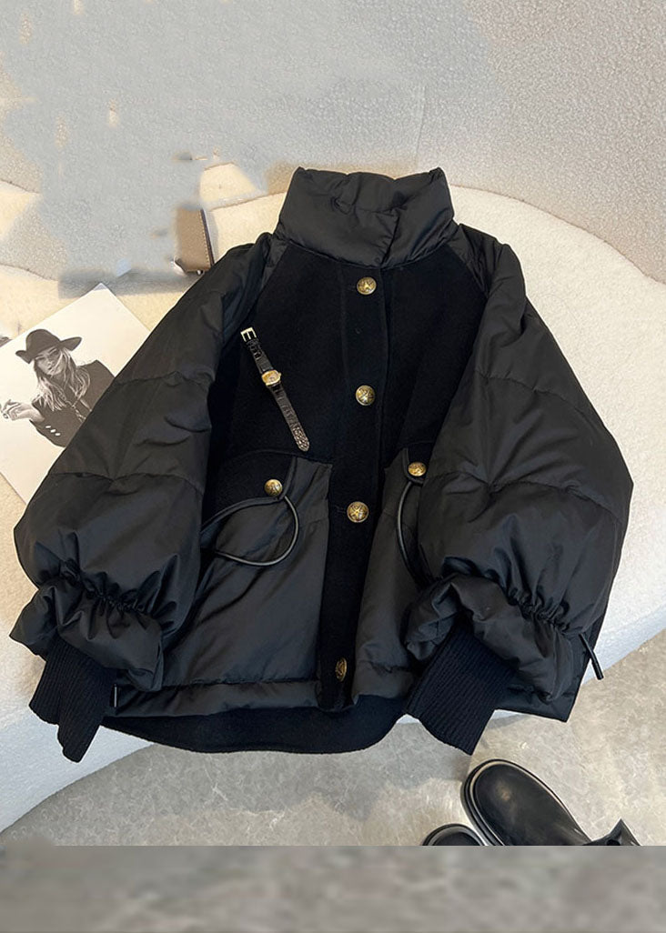 Chic Black Stand Collar Drawstring Zippered Fine Cotton Filled Puffer Jacket Winter