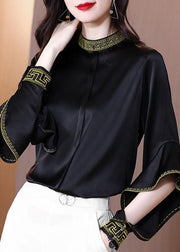 Chic Black Stand Collar Embroideried Ruffles Silk Shirt Spring