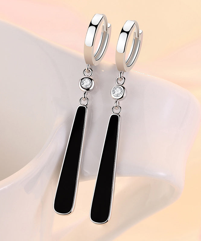 Chic Black Sterling Silver Zircon Water Drop Drop Earrings