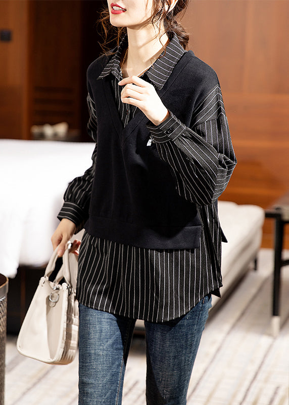 Chic Black Striped Peter Pan Collar Patchwork Cotton Shirt Long Sleeve