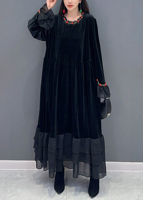 Chic Black Tulle Patchwork Silk Velvet Long Dresses Spring