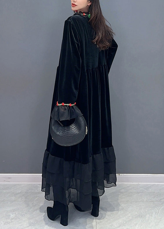 Chic Black Tulle Patchwork Silk Velvet Long Dresses Spring