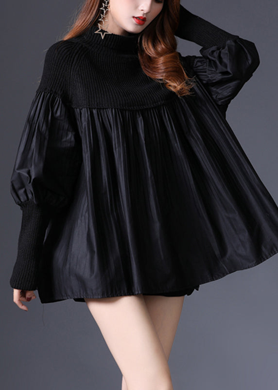 Chic Black Turtleneck Knit Patchwork Cotton Sweater Long Sleeve