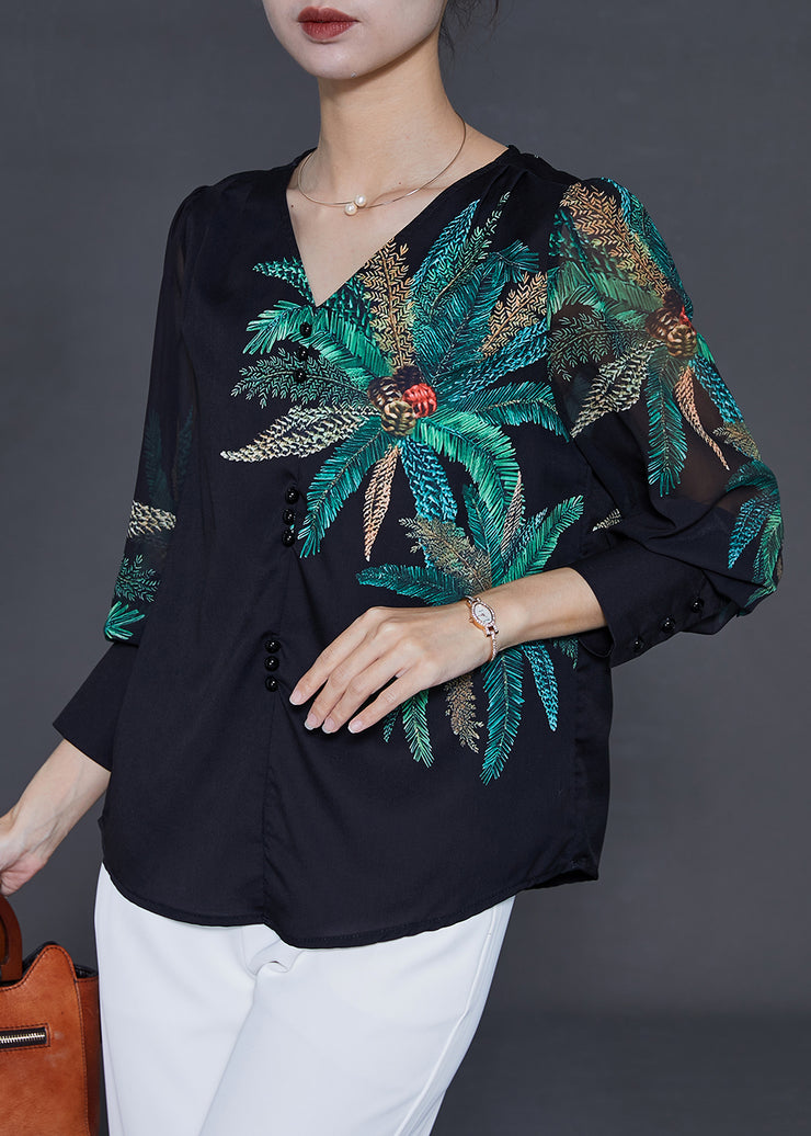 Chic Black V Neck Leaf Print Chiffon Blouses Summer