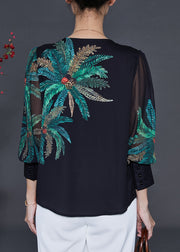 Chic Black V Neck Leaf Print Chiffon Blouses Summer