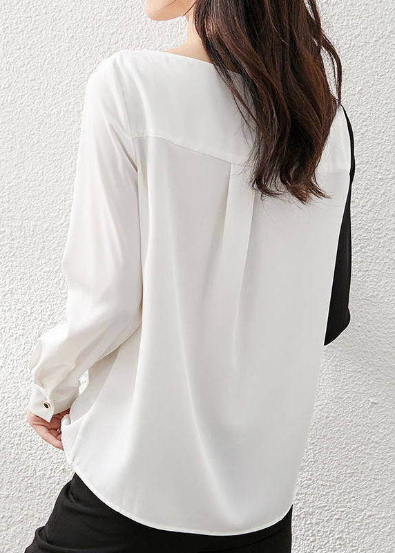 Chic Black White Asymmetrical Design Patchwork Chiffon Top Long Sleeve