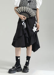 Chic Black Wrinkled Asymmetrical Floral Patchwork Cotton Skirt Fall