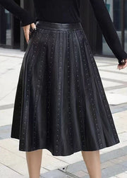 Chic Black Wrinkled Rivet High Waist Sheepskin Skirts Spring