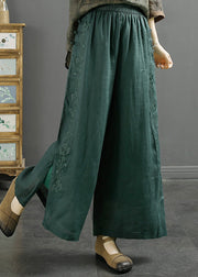 Chic Blackish Green Embroidered Side Open Linen Crop Pants Spring