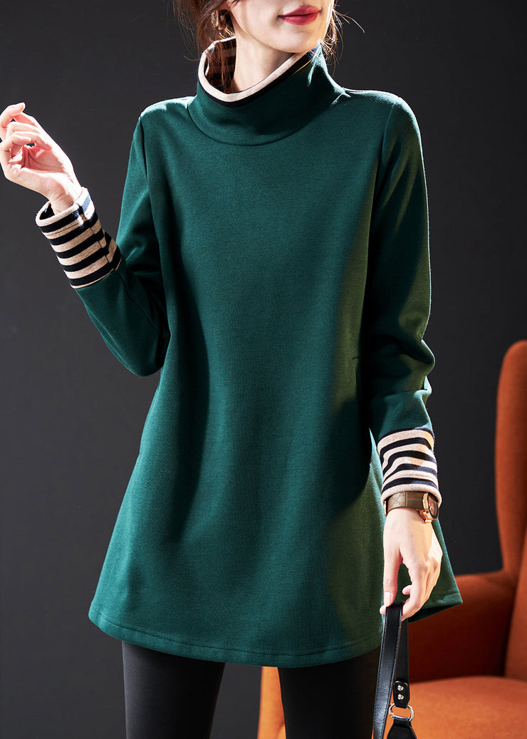 Chic Blackish Green High Neck Patchwork Cotton Pullover Sweatshirt Spring