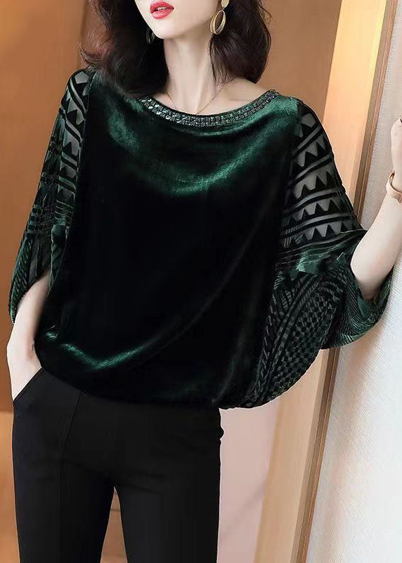 Chic Blackish Green Zircon Patchwork Silk Velour Top Batwing Sleeve