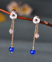 Chic Blue Agate Shellfish flower Tassel 14K Gold Drop Earrings