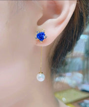 Chic Blue Alloy Zircon Pearl Floral Tassel Drop Earrings