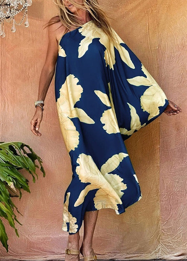 Chic Blue Asymmetrical One Shoulder Print Cotton Dresses Long Sleeve