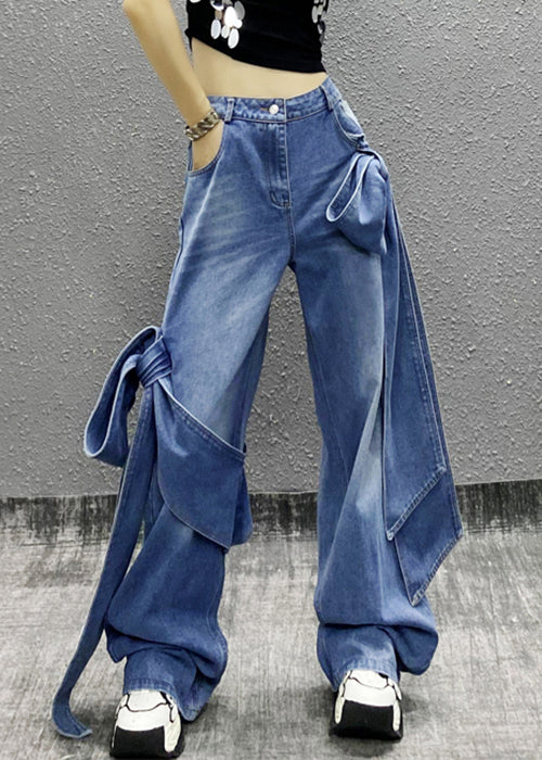 Chic Blue Bow Pockets High Waist Denim Pants Summer