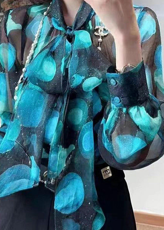 Chic Blue Bow Print Patchwork Chiffon Blouse Tops Fall