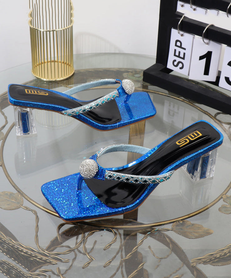 Chic Blue Chunky Heel Flip Flops Blue Faux Leather Zircon