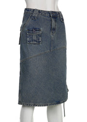 Chic Blue Drawstring Pockets Patchwork Denim Skirt Fall