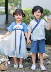 Chic Blue Embroideried Patchwork Cotton Baby Girls Dress Summer