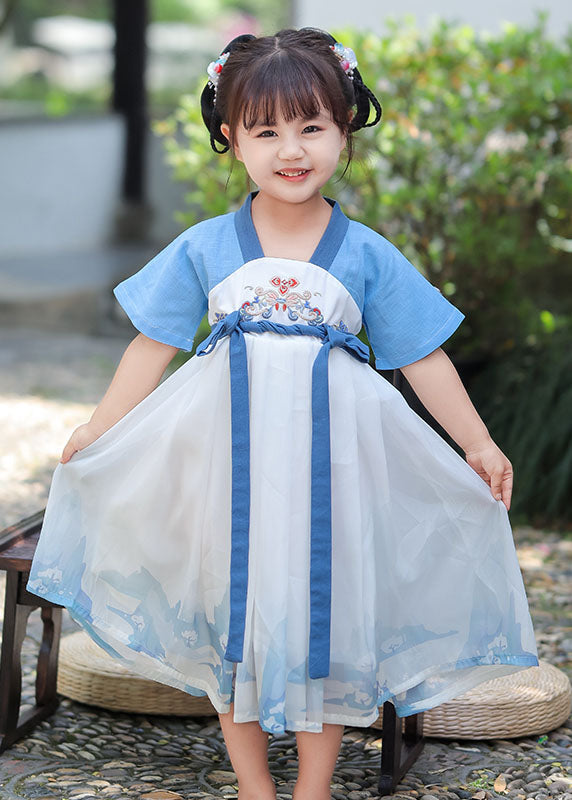 Chic Blue Embroideried Patchwork Cotton Baby Girls Dress Summer