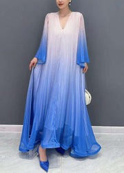 Chic Blue Gradient Color V Neck Wrinkled Long Dress Flare Sleeve