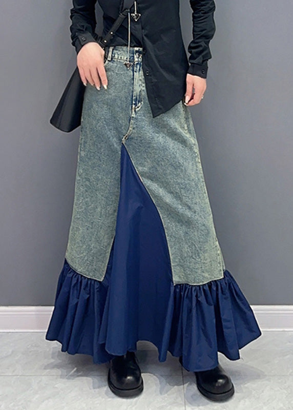 Chic Blue High Waist Pockets Patchwork Denim Skirts