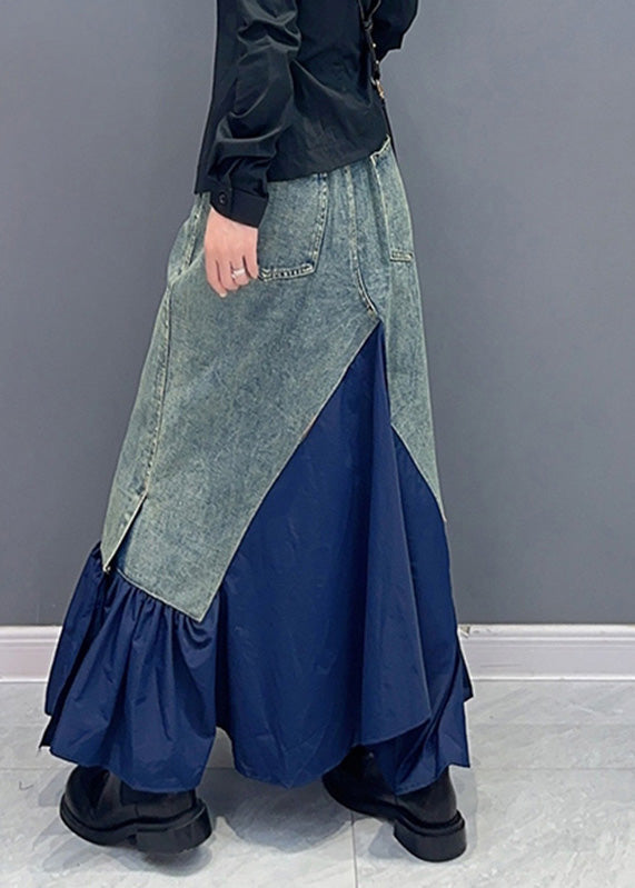 Chic Blue High Waist Pockets Patchwork Denim Skirts