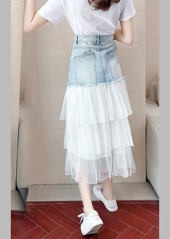 Chic Blue High Waist Tulle Patchwork Denim A Line Skirt