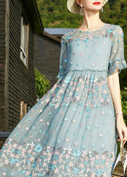 Chic Blue O-Neck Embroideried Ruffled Silk Vacation Dresses Short Sleeve