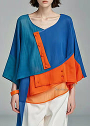 Chic Blue O-Neck Patchwork Button Top Fall